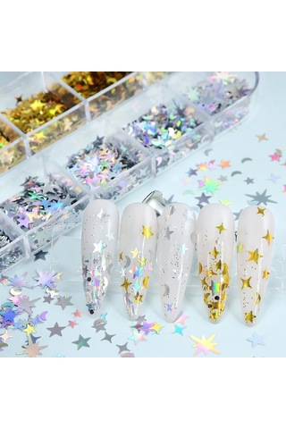 Holografik Gold Gümüş Ay Ve Yıldızlar Tırnak Süsleme Folyo Pulları Mix Nail Art