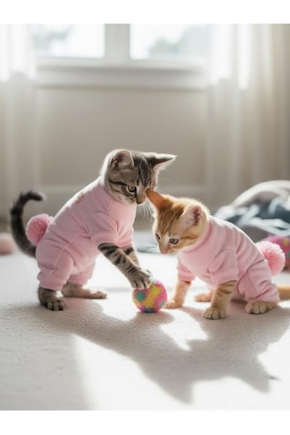 Tassel And Rainbow Soft Pink - Pastel Pembe Pamuklu Kedi Tulum Pijama