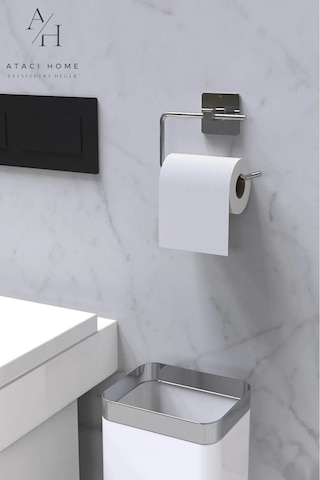 Atacı 1. Kalite Yapışkanlı Gümüş Wc Kağıtlık Ve Çember Havluluk Banyo Mutfak 2'li Set Krom