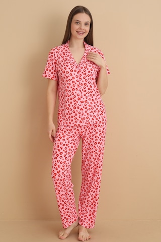 Wordex Mirano 9513 Desenli Pegasus Kumaş Düğmeli Kısa Kolu Kadın Pijama Takımı Pembe