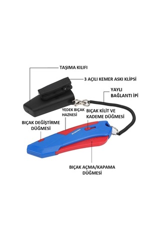 Workpro Wp213010 Kemer Askı Kancalı Otomatik Geri Çekilebilir Mandallı Rötuş Maket Bıçağı + 3 Adet Yedek Bıçak Fr Wp213010
