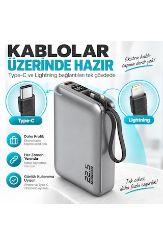 Xcharge 20000 Mah 22.5w Hızlı Şarj Powerbank Kendinden Kablolu Type-c Lightning Gümüş