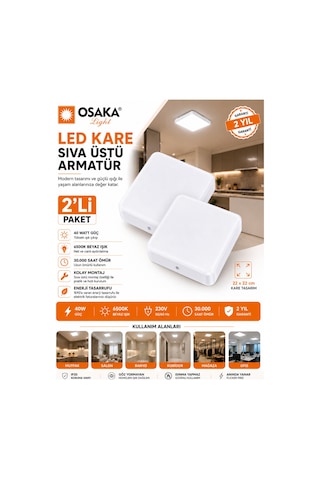 2 Adet Osaka 40w Kare Sıva Üstü Armatür Beyaz Işık 6500k