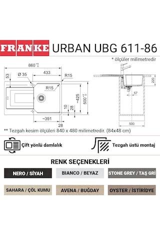 Franke Urban Ubg 611-86 Granit Eviye. Oyster. Tezgah Üstü. Tek Hazne. Damlalıklı. 86 x 50 CM