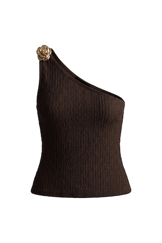 Cottonhıll Premium - Tide Collection Kahverengi Tek Omuz Çiçek Aksesuarlı Bürümcük Dokulu Kadın Crop Bluz
