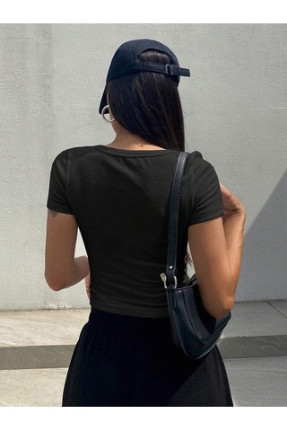 U Yaka Siyah Renk Fitilli Kısa Kollu Slim Fit Crop Top Bluz Siyah
