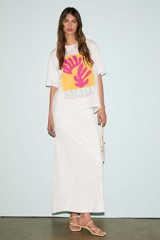 Grımelange VEYMIRA Kadın %100 Pamuk Bisiklet Yaka Kısa Kollu Oversize Fit Beyaz / Desenli T-Shirt