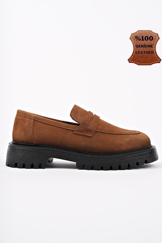 Muggo Paradise Hakiki Deri Kalın Taban Günlük Casual Makosen Kadın Loafer Ayakkabı Taba Süet