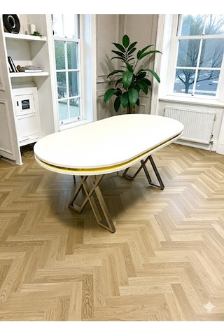 Msy Home Beyaz Gold Detaylı Lake Panel 90 170 Cm Oval Masa Beyaz