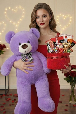 3 Lü Kadınlar Günü Hediye Seti 90 Cm Peluş Ayı, Love Çikolata Sepeti & Mavi Peluş Ayıcık Buketi 75765846