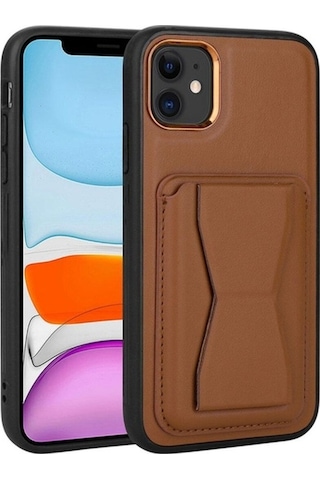 Apple Uyumlu iPhone 11 Kılıf Kartlıklı Standlı Pu Deri Zore Memo Kapak Kahverengi