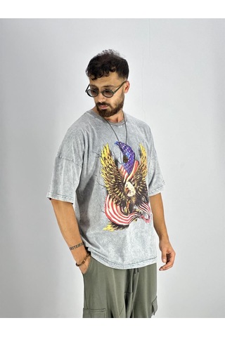 Cocopelli Erkek Yıkamalı Kumaş Baskılı T-shirt Coc2216 Gri