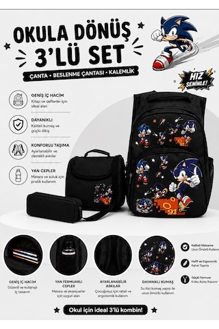 Sonic Desenli Siyah 3 Lü Erkek Çocuk İlkokul Çantası + Termal Beslenme Çantası + Kalemlik