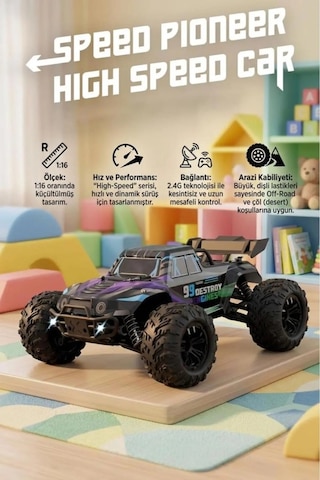 Uzaktan Kumandalı 10 Fonksiyonlu LED Işıklı Şarjlı 1:16 Ölçekli 2.4Ghz 50km/h Off-Road Oyuncak Araba