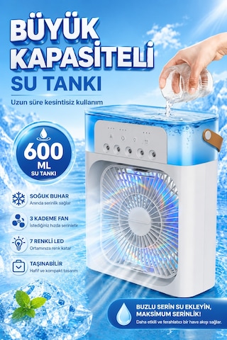 Exenar - Beyaz - Buharlı Serinletici Masaüstü Mini Fan Nemlendirici Led Işıklı Hava Soğutucu Vantilatör 600ml 3kademe