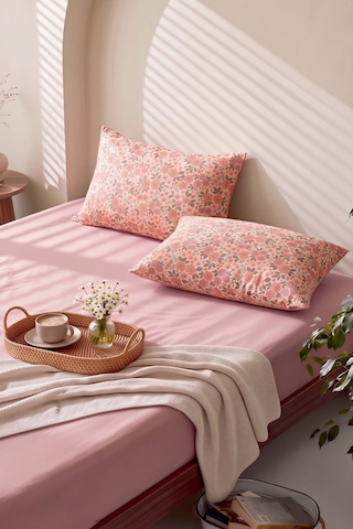 Pudra Pembe Bahar Çift Kişilik Lastikli Çarşaf Takımı 160x200 Cm - 3 Parça