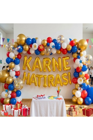 Karne Temalı Karne Hatırası Gold Folyo Harf Kırmızı Beyaz Mavi Gold Balon Süsleme Beyaz - Kırmızı - Mavi
