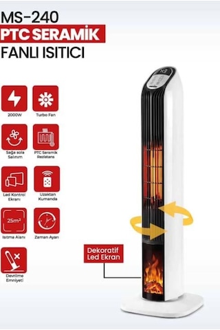 Seramik 2000 W Fanlı 25 Metrekare Alanda Etkili Şömine Efektli Kumandalı Isıtıcı