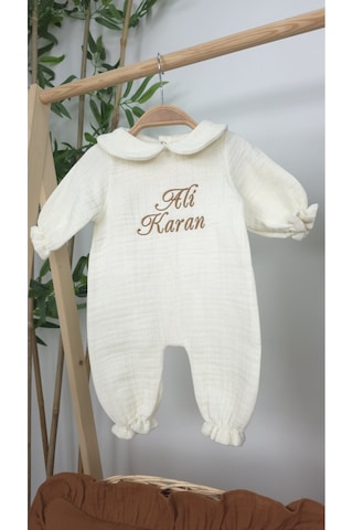 Gros Shop Müslin Yeni Doğan 4katlı Organik %100pamuk Kişiye Özgü Nakışlı Hastane Çıkış Seti Kahverengi Set-1 Ekru