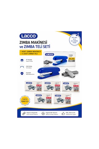 Lacco Zımba Makinesi Seti 24/6 Zımba Makinesi 5 Kutu Zımba Teli Toplam 5000 Adet Dayanıklı Metal Ofis Okul Ev Kullanımı