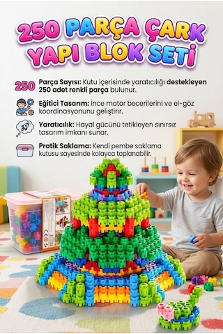 250 Parça Çarklı Saklama Kutulu Renkli Eğitici Zeka Geliştirici Yapı Oyuncak Seti