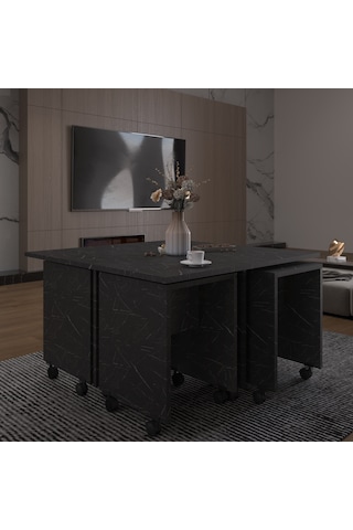 Asra Trend Akıllı Orta Sehpa OS003 %100 MDF 5 Parça Yavrulu Puf Sehpa Seti Royal Mermer