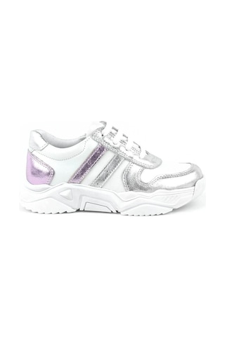Hakiki Deri Gümüş Pembe Kalın Tabanlı Kız Çocuk Sneakers Ayakkabı Gümüş