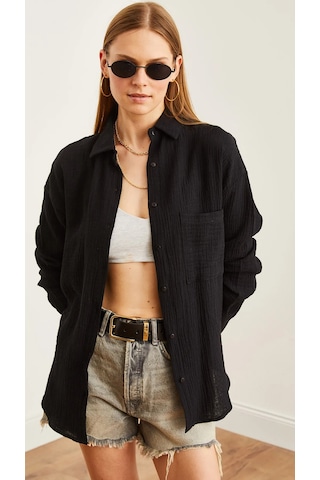 Kadın Oversize Basic Cepli Müslin Gömlek Siyah