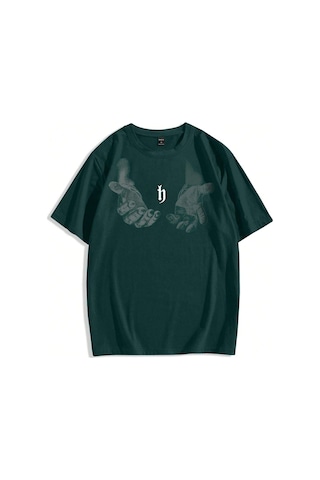 Erkek El Baskı Oversize Nefti Yeşil Baskılı T-shirt - Bisiklet Yaka Kısa Kol Rahat Kalıp Tişört Nefti Yeşil