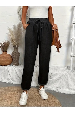 Simala Kadın Yüksek Bel Lastikli Belde Bağcık Detaylı Aerobin Pantolon Siyah