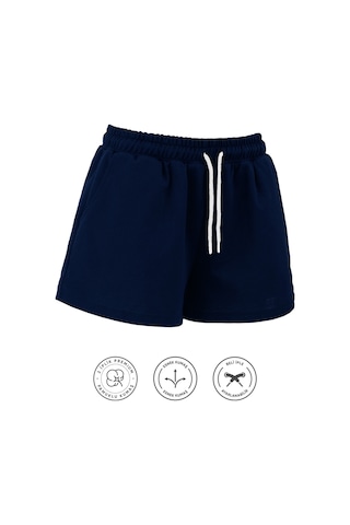 Elemge Kadın Pamuklu Lacivert Beli Ipli Şort Günlük Basic Regular Fit Cepli Normal Bel Rahat Esnek 2 Iplik