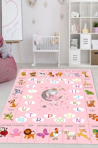 Dijital Baskılı Dekoratif Kaymaz Taban Yıkanabilir Alfabe Temalı Modern Çocuk Halısı Pembe