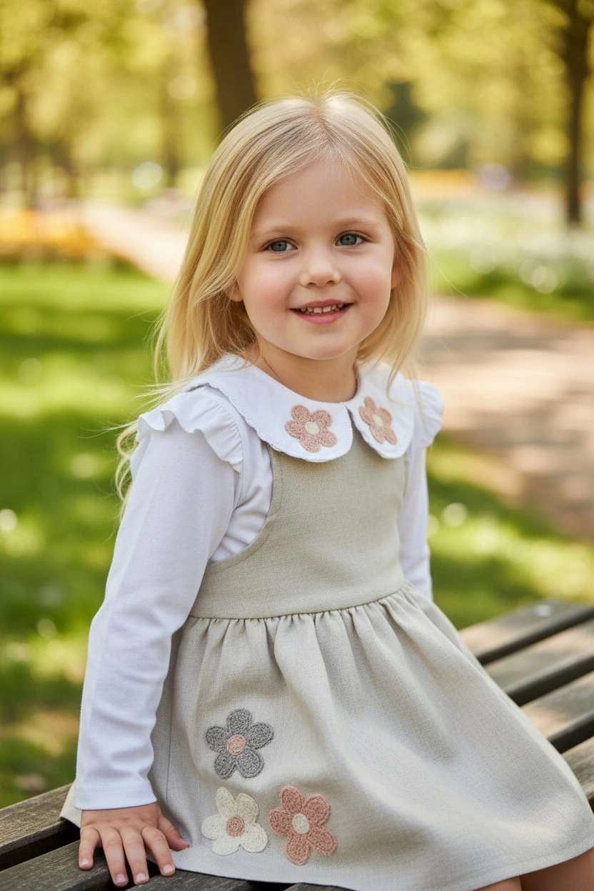 Çiçek Nakışlı Kız Çocuk Elbise Bej