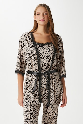 Ritnice Kadın Betty Leopar 3'lü Paket Sabahlıklı İp Askılı Dantelli Fitilli Örme Pijama Takımı Leopar