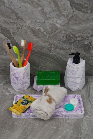 4 Parça Mor Mermer Desenli Beton Banyo Seti Diş Fırçalığı Sıvı Katı Sabunluk Tepsi Lila