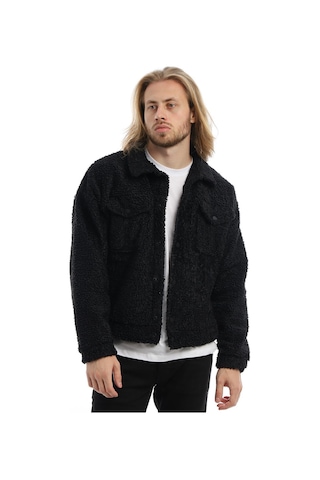 Erkek Kıvırçık Peluş Cıt Cıt Kapamalı Ceket Siyah