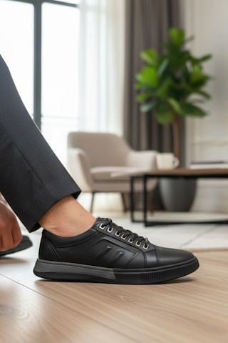Enoch Hakiki Deri Siyah Düz Taban Erkek Sneaker Ortopedik Taban Siyah