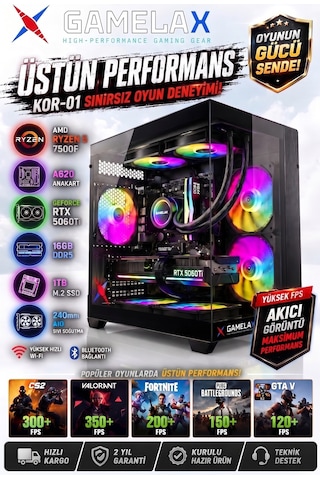 Gamelax Kor-01 Amd Ryzen5 7500f Rtx5060 Ti 8gb 16gb Ddr5 Ram 1tb M.2 Ssd 240mm Sıvı Soğutma Wi-fi Ma