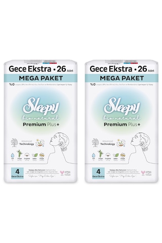 Sleepy Bio Natural Premium Plus Hijyenik Ped Mega Paket Gece Extra 26x2 (52 Adet) + Cüzdan Hediyeli