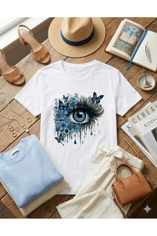 Kadın Beyaz , Siyah Pamuklu Mavi Çiçekler Kelebek Detaylı Göz Baskılı Rahat Kalıp T-shirt Beyaz