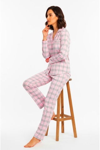 Bravie Luxury Viscose Pembe Ekose Desenli Kadın Uzun Kollu Büyük Beden Pijama Takımı 42531 Pembe