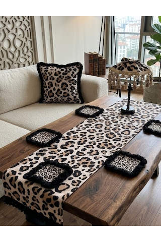 Missidea Leoparda Masaüstü Dekor Seti Ledli Şemsiye+2 Adet Kırlent+runner Ve 6 Adet Peçete Renkli