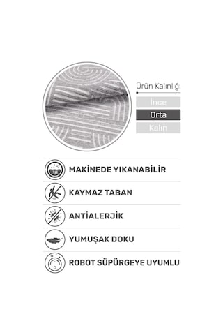 Revna Gri Yıkanabilir Halı Kaydırmaz Tabanlı Pamuk Dokuma Salon Mutfak Koridor İçin Gri