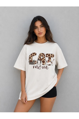 Montree Kedi Cat Mom Baskılı Oversize %100 Pamuk Premium Tişört Beyaz