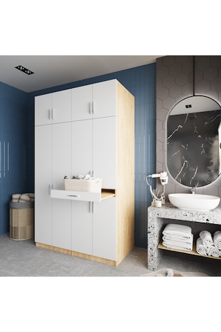 Modena Çamaşır Ve Kurutma Makinesi Dolabı Banyo Dolabı Meşe Beyaz Meşe Beyaz