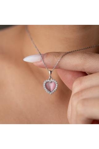 925 Ayar Gümüş Taşlı Bombeli Kedi Pembe Gözü Kalp Kolye Gümüş