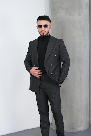 Dupont Classics Dupont Slim Fit Sivri Yaka 6 Drop Çift Yırtmaç Çizgili Viskon Kruvaze Erkek Takım Elbise Antrasit - Gri