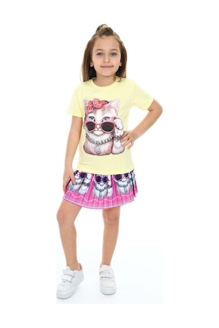 My Kids Wear Sevimli Kedi Etek Tişört Kahverengi - Beyaz