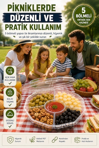 10'lu Sekizgen 5 Bölmeli Kendinden Kapaklı Pet Gıda Kabı 900 Cc Şeffaf Sızdırmaz Sunum Kabı 23 Cm Set