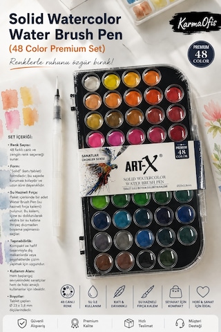 Art-x 48 Renk Solid Suluboya Seti Su Hazneli Fırça Kalemli Profesyonel Tablet Boya Krem